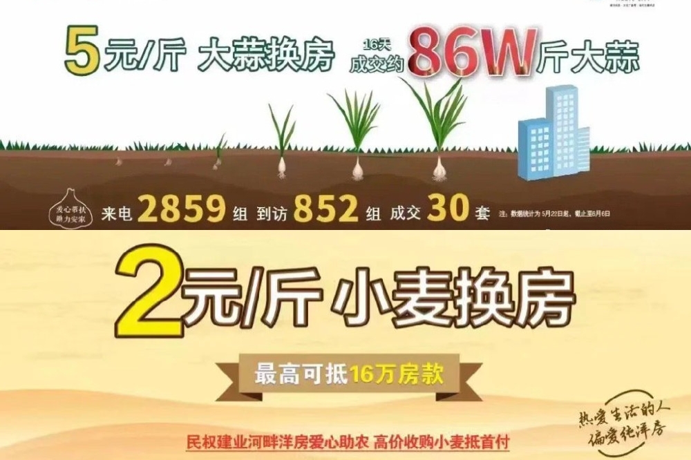 中國河南的房地產開發商透過「大蒜換房」和「小麥換房」吸引農民購屋。（取自微博）