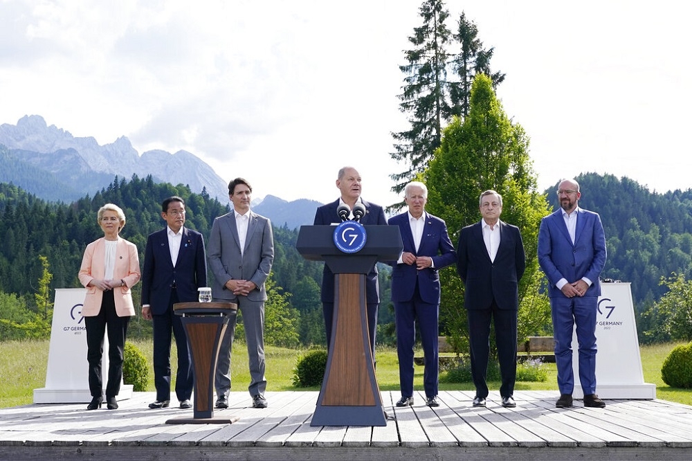 G7領袖在德國巴伐利亞的艾爾莫城堡召開峰會。（美聯社）