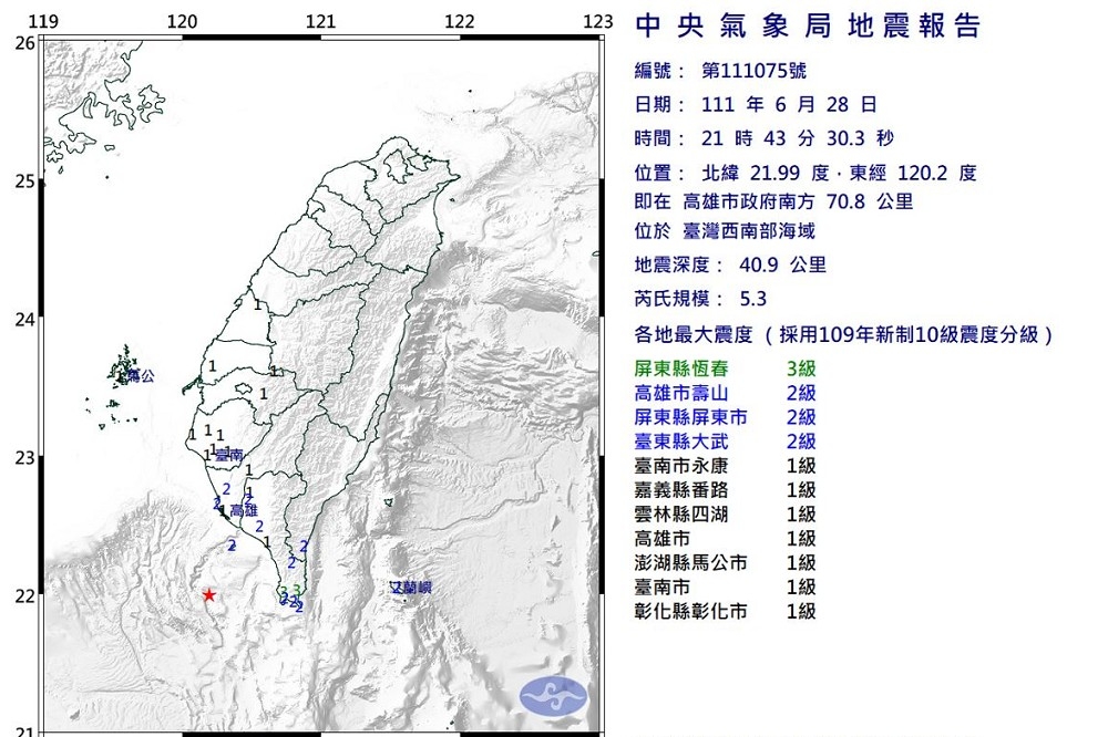 台灣南部28日晚間地震。（氣象局提供）