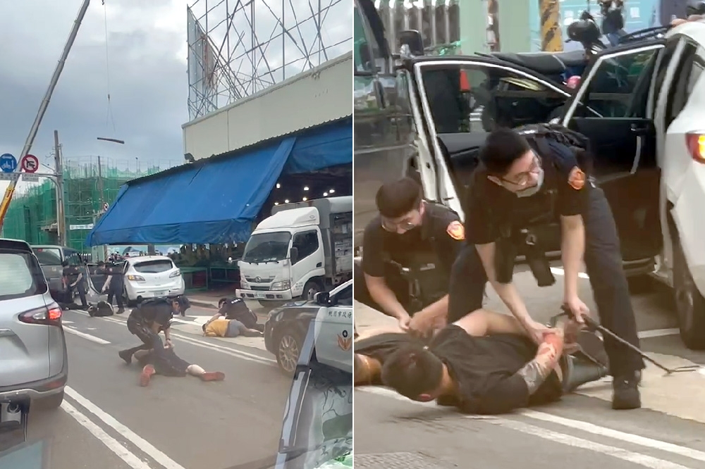 桃園市蘆竹區4名刺青男子29日下午遭保安大隊壓制在地並強行逮捕。（翻攝畫面）