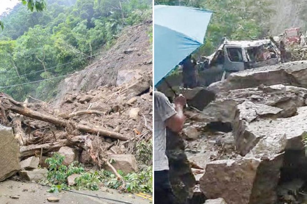 苗栗南庄鄉苗21線在2日下午1點發生山崩，一輛箱型車遭巨石擊中。（翻攝畫面）