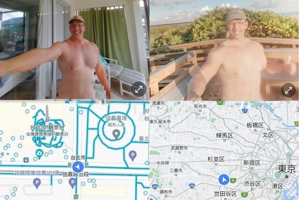 Google街景裸男「Kevin」被網友發現，照次照片出現在台北和日本。（合成圖片／翻攝畫面）