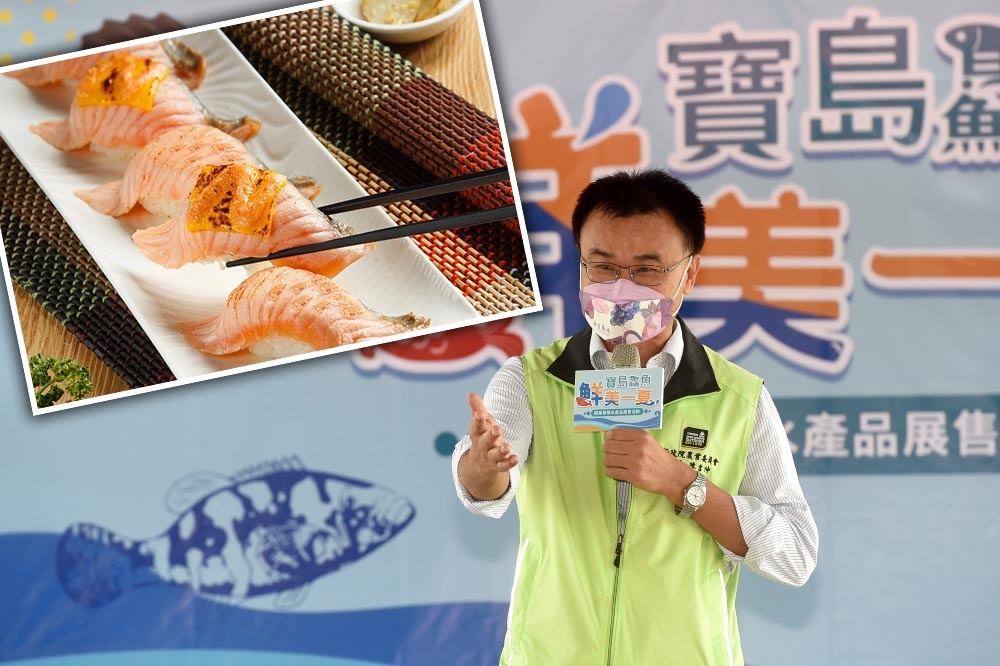 農委會主委陳吉仲7日在節目上呼籲，國人少吃鮭魚、改吃石斑魚。（合成畫面／張哲偉攝、取自Supreme Salmon 美威鮭魚臉書）