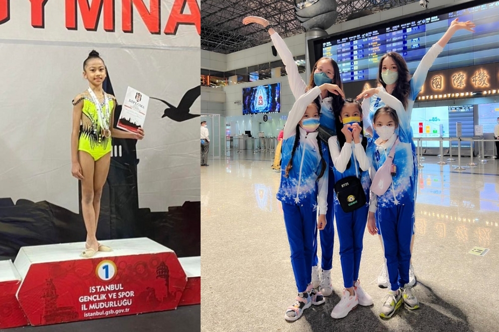 瑞莎培育的選手在土耳其伊斯坦堡，參加FIG藝術體操世界盃拿下佳績，記分板上能看到隊伍以「TAIWAN」為名。（合成畫面／取自瑞莎臉書）