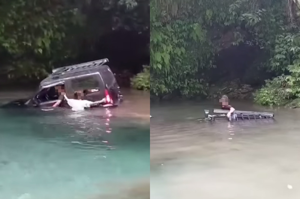 民眾駕駛吉普車溯溪卻拋錨，車子慘沉水底。（合成畫面／擷自記者爆料網臉書）