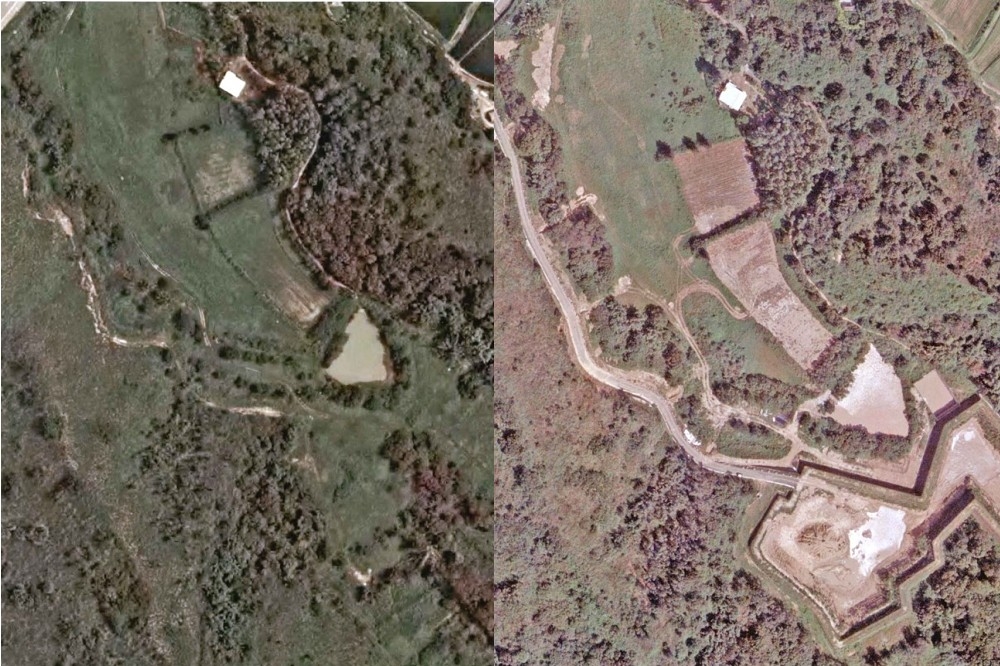 91年掩埋場開發前的航測圖（左）和93年掩埋場開發後的航測圖（右）。（作者提供）