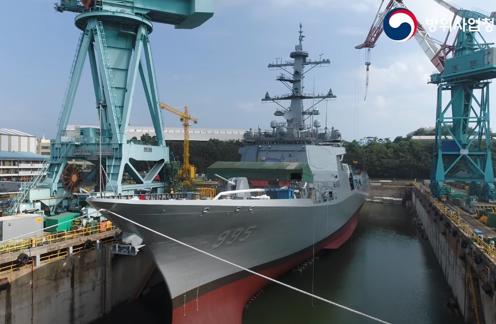 南韩「正祖大王号」神盾驱逐舰举行下水典礼，预定2024年交舰。（取自DAPA影片）(photo:UpMedia)