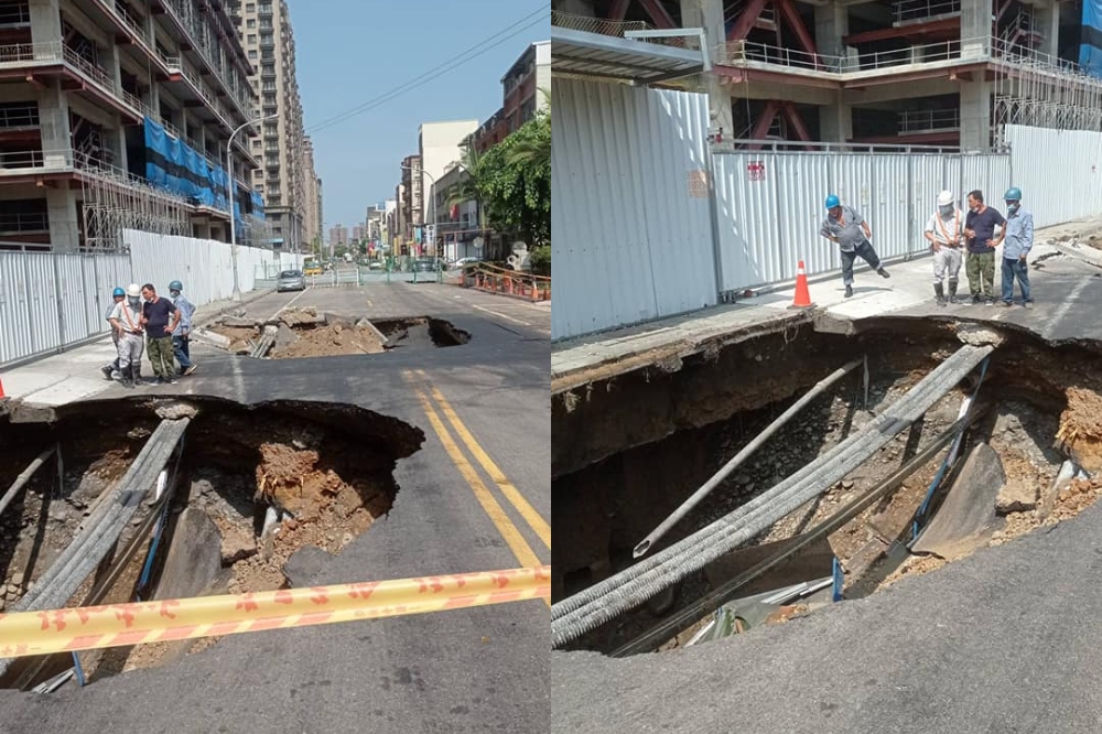 新竹竹北勝利路2段路面坍塌，造成2個巨大坑洞。（合成畫面／取自我是竹北人臉書）