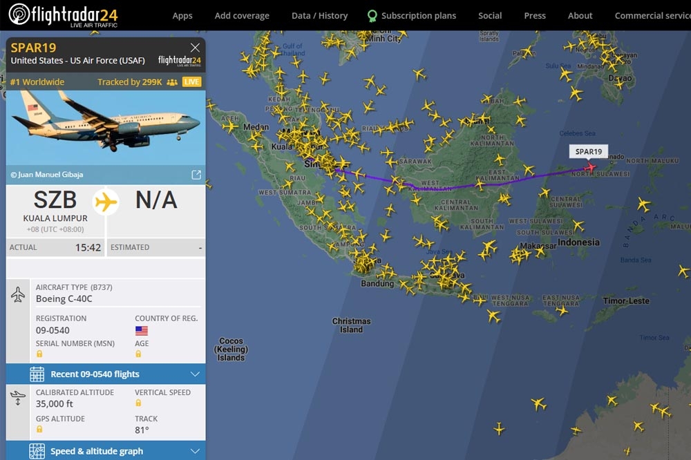 Flightradar24網站吸引超過30萬人追蹤裴洛西專機行進動態。（取自Flightradar24網站）