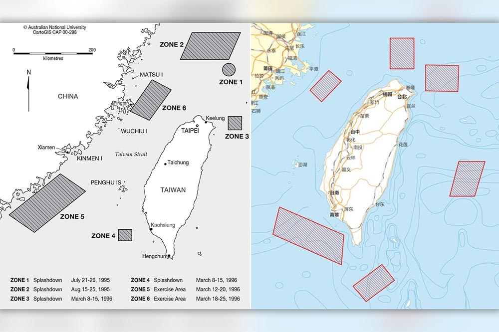 96年台海危機與現今中國軍演位置對照圖。（取自傅泰林推特）