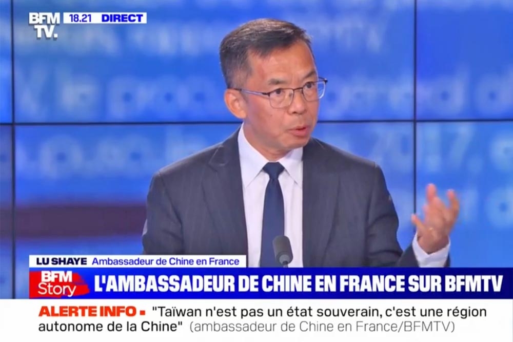中國駐法大使盧沙野３日晚在法國受訪。（BFMTV螢幕截圖）