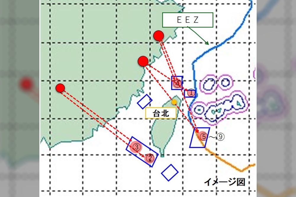 日本防衛省公布中國5枚飛彈落入日本專屬經濟海域，其中4枚飛彈經台北上空。（日本防衛省）