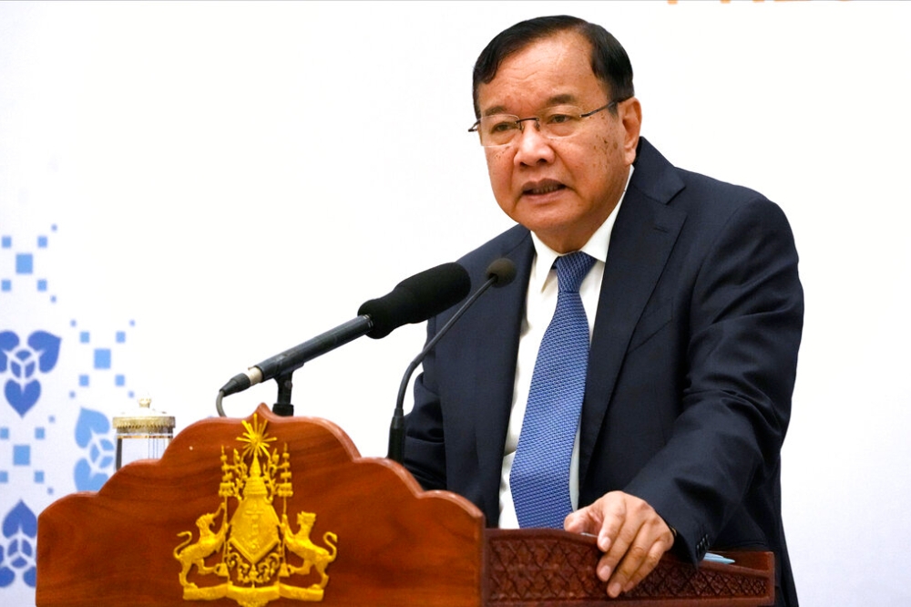 柬埔寨外長巴速坤6日在記者會上，就第55屆東協外長會議發表談話（美聯社）