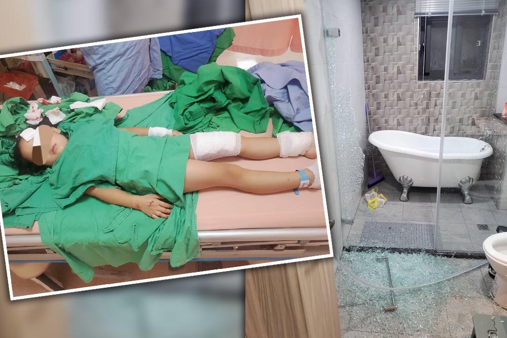 宜蘭「丟丟噹親子樂園民宿」浴室玻璃門爆裂，造成3名女童全身遭割傷。（取自爆料公社）
