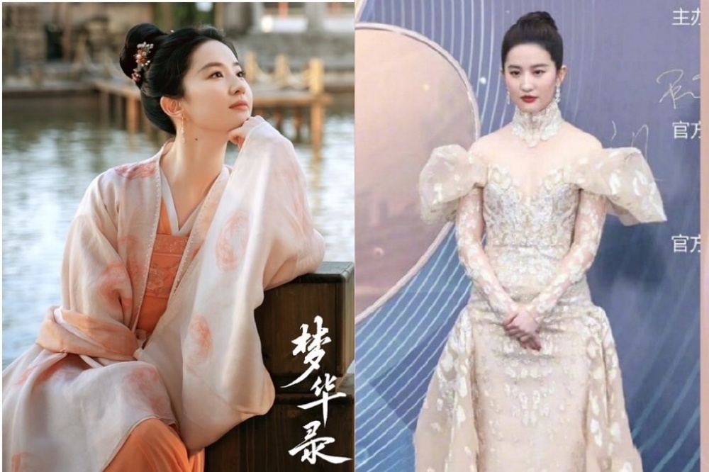 劉亦菲近期新戲《夢華錄》的古裝造型仙氣滿滿，換上時裝的紅毯禮服造型卻引來熱議。（取自微博）