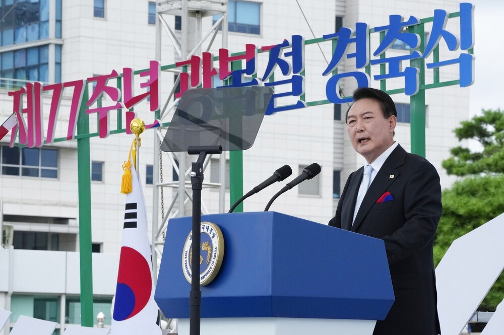 尹錫悅在光復77週年紀念儀式發表演說。（美聯社）