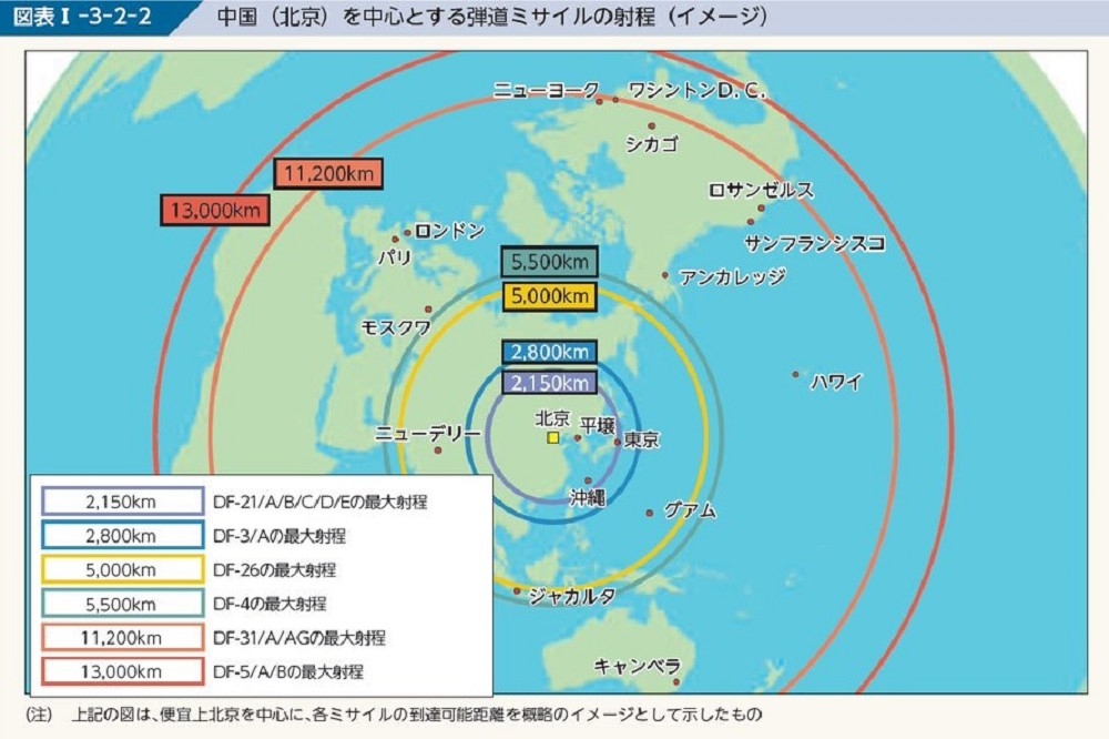 日本今年出版的防衛白皮書，分析中國東風系列飛彈射程。（取自防衛省自衛隊推特）