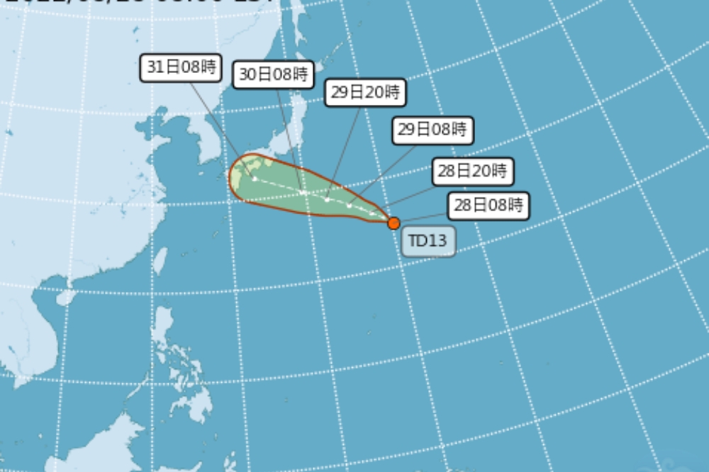 日本東南方海面有一熱帶性低氣壓，預計28、29日增強為今年第11號颱風「軒嵐諾」。（取自氣象局官網）