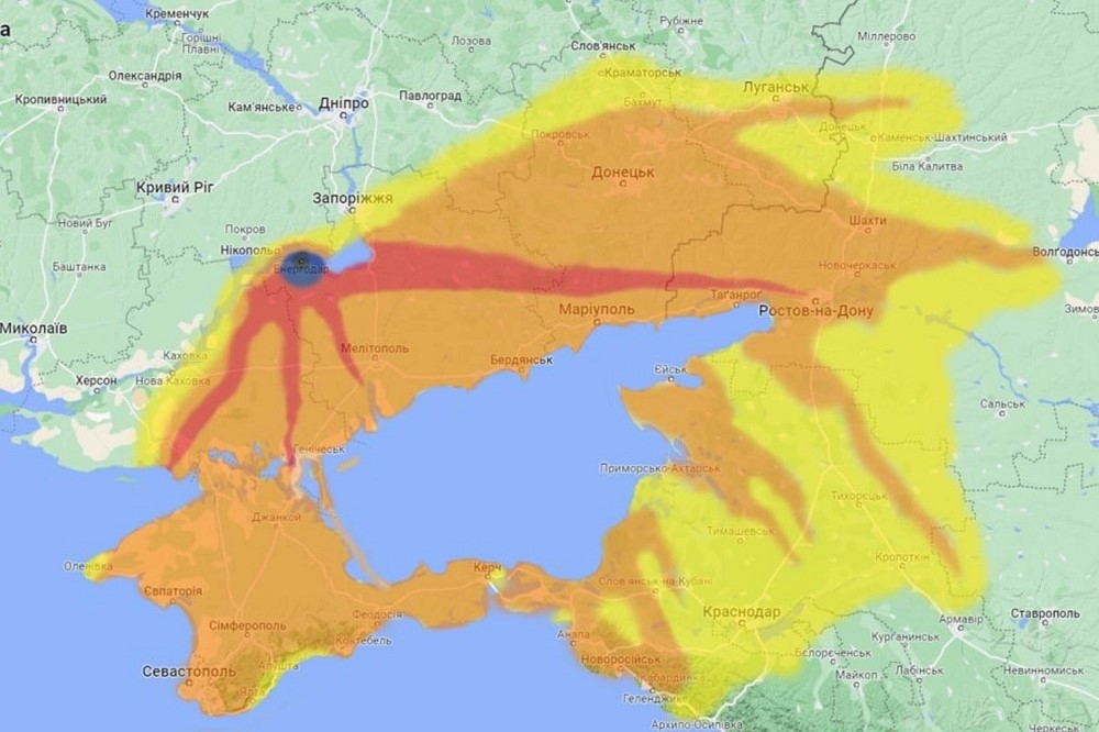 Energoatom公布的扎波羅熱核電廠模擬輻射外洩地圖，俄國南部將成為大片災區。（取自Energoatom臉書）