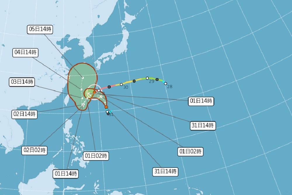 受強颱「軒嵐諾」外圍環流影響，北台灣31日晚上開始將變天，最快可能9月2日白天發布海警。（氣象局提供）