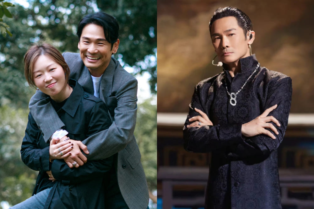 杜德偉在中國節目《披荊斬棘》重現《第8號當鋪》韓諾經典造型，表現活躍的他，私下時常打給老婆（左圖左）取暖討拍，讓網友笑虧是「妻寶」。（取自杜德偉微博）