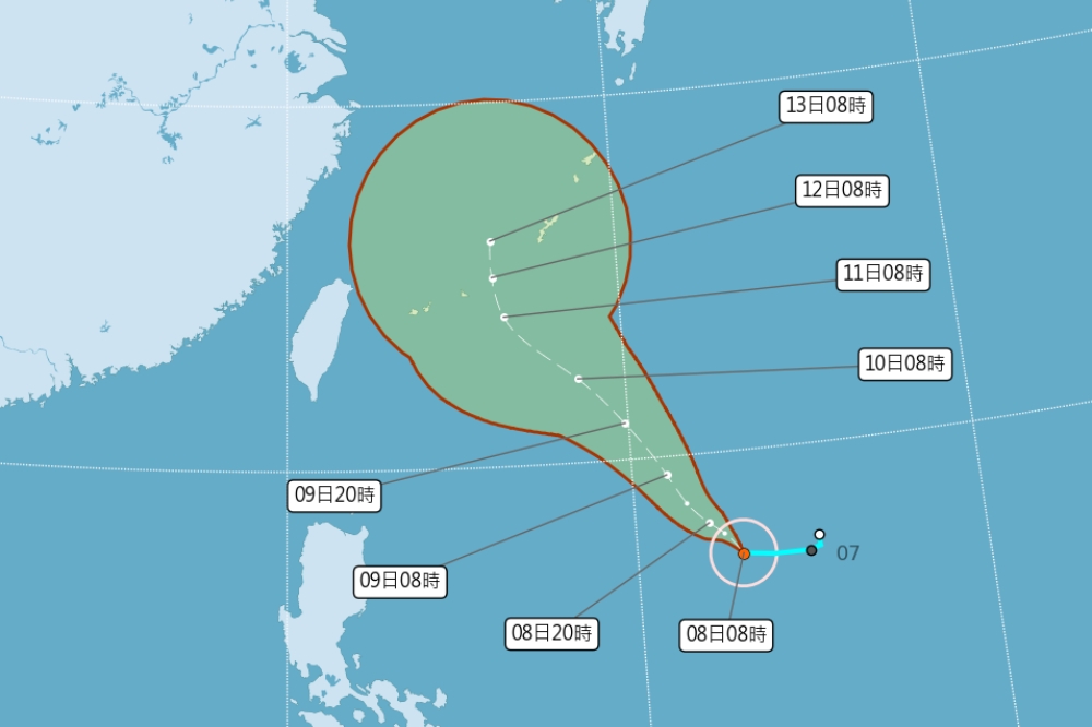 中央氣象局今天（8日）上午發布第12號輕度颱風「梅花」警報。（中央氣象局提供）
