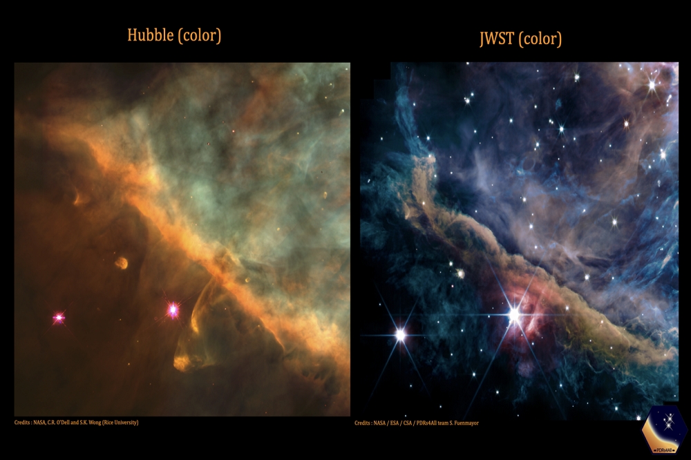 右圖為韋伯望遠鏡捕捉到的獵戶座分子雲景象，比左圖、哈伯望遠鏡過去觀測到的清晰許多。（取自pdrs4all.org）