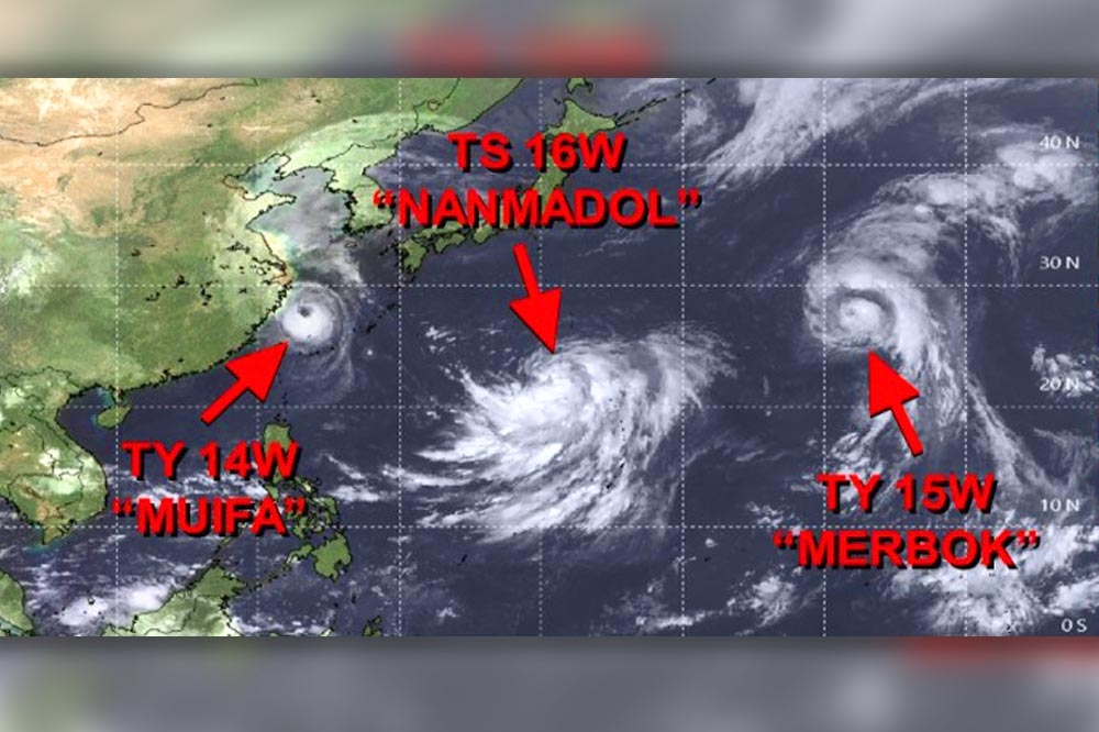 第14號颱風「南瑪都」今天凌晨2點生成，在太平洋上形成3颱共舞，由從西到東分別為梅花、南瑪都、莫柏颱風。（取自JTWC）