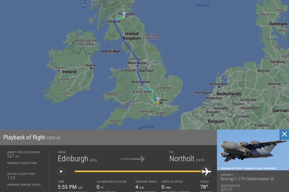 全球500多萬人追蹤載有英國女王靈柩班機自愛丁堡飛往倫敦。（取自推特＠flightradar24）