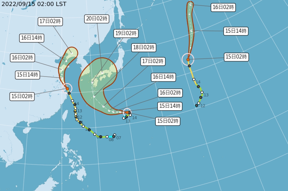 台灣附近海面3颱共舞，雖對台灣沒有直接影響。（取自中央氣象局）