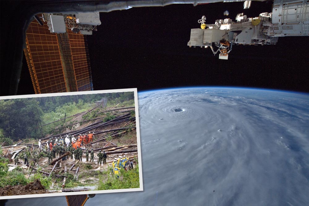 從太空中俯瞰颱風雲層（大圖）、日本宮崎縣傳出土石流災情 。（合成畫面／美聯社、@Astro_FarmerBob推特）