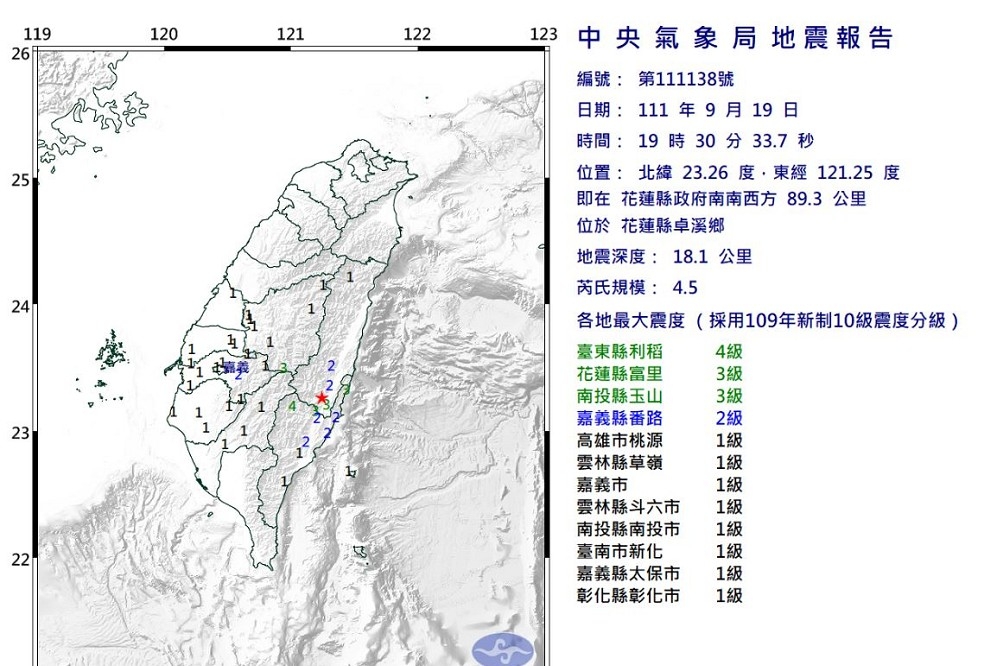 今晚7點30分發生芮氏規模4.5有感地震，震央位於花蓮縣卓溪鄉。（氣象局提供）