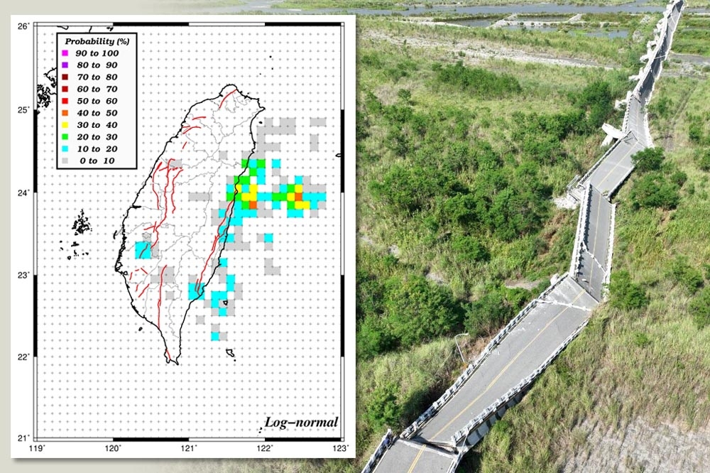 近日地震不斷，有學者分析未來最有可能形成大地震的區域落在嘉南地區。圖為中央氣象局「地震潛勢圖」50年內發生規模6.0地震之機率分布。（合成畫面／擷取自中央氣象局網站）