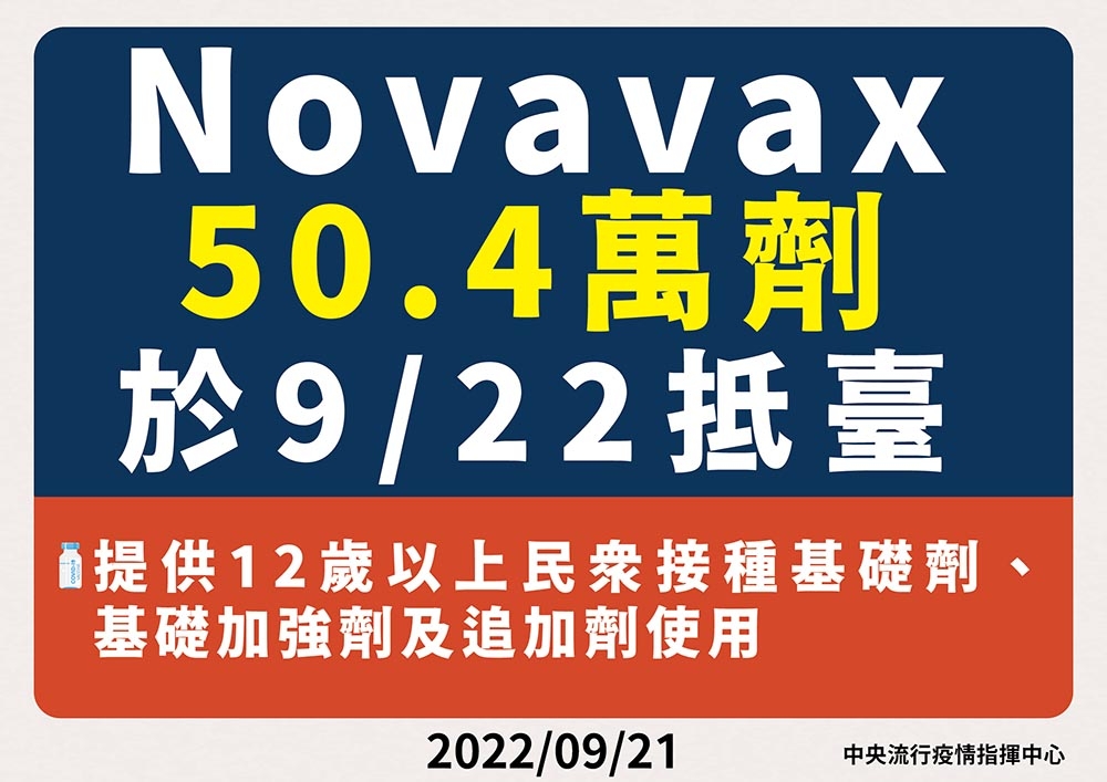 第二批Novavax疫苗50.4萬劑，將在22日抵台。（指揮中心提供）