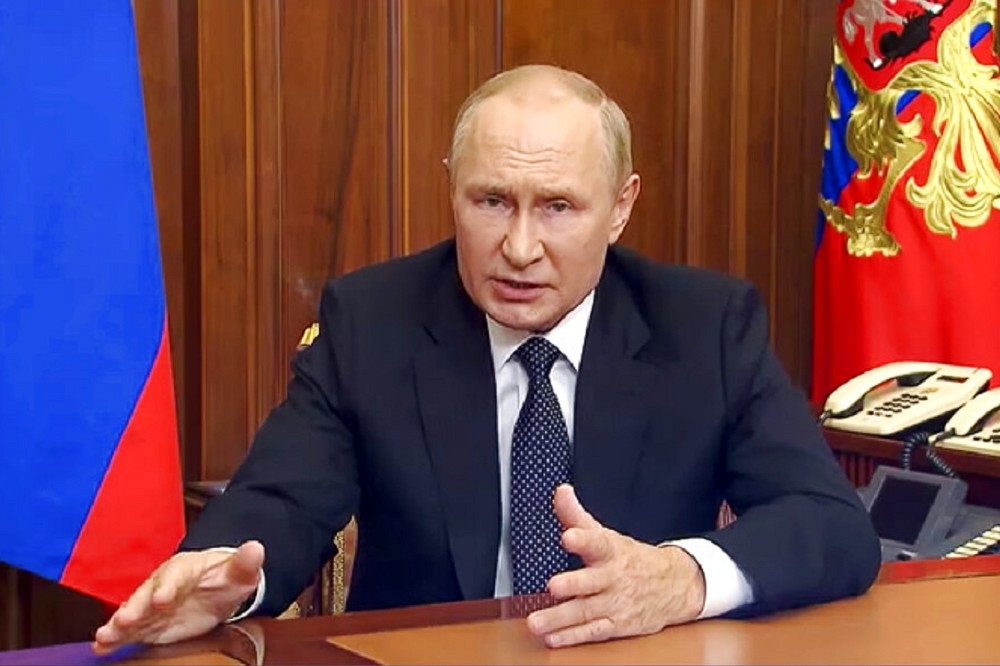 俄國總統普丁21日發表電視演說，宣布部分動員令。（美聯社）