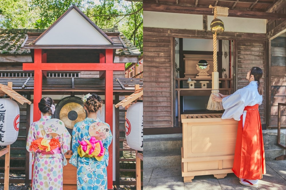 桃園神社即日起推出「緣結び風鈴」，讓旅客可體驗日本神社參拜文化。（桃園神社提供）