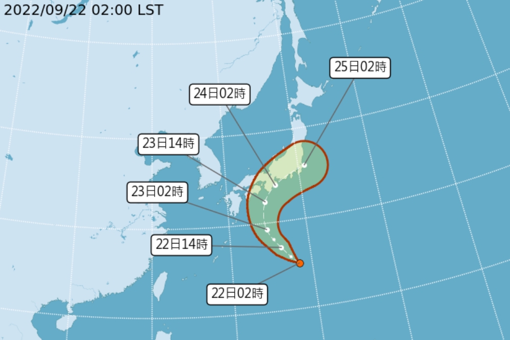 中央氣象局今天（22日）清晨2點發布，在日本南方海面又有一個熱帶性低氣壓形成了，未來有機會增強為今年第15號颱風「塔拉斯」。（取自中央氣象局）