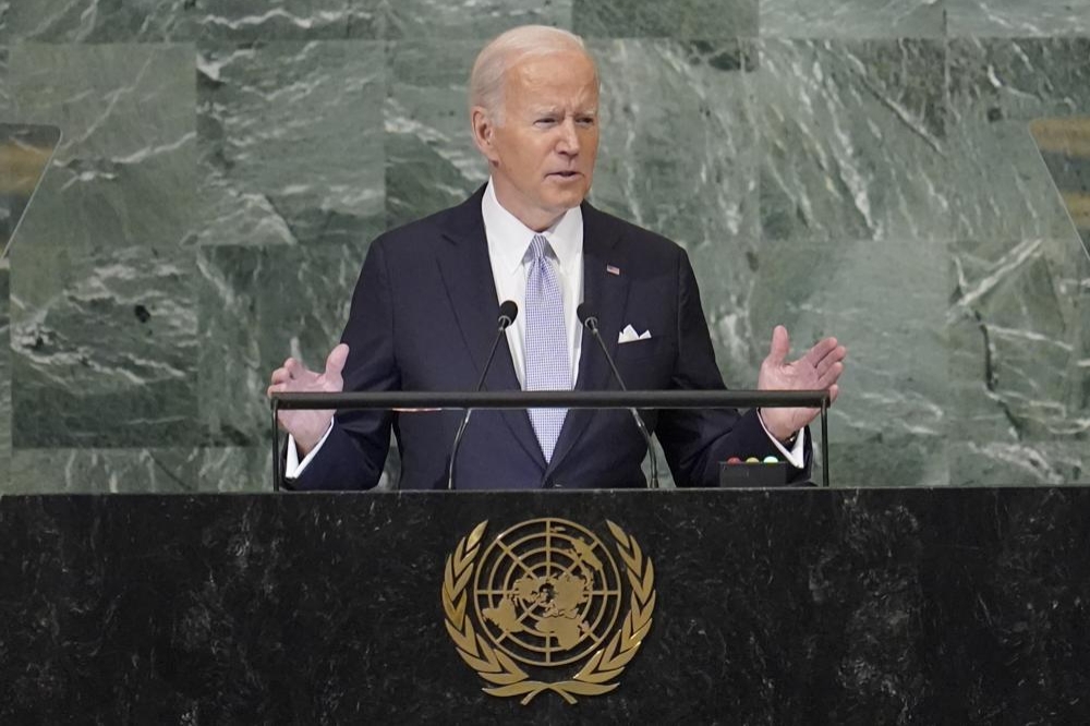 美國總統拜登20日在聯合國大會發表演說，呼籲世界各國齊心抵抗俄羅斯的侵略（美聯社）
