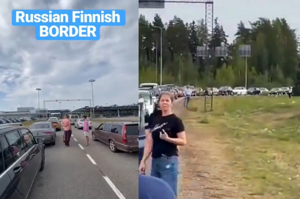 普丁宣布軍事動員令當日，俄羅斯與芬蘭邊境出現長達20公里的車潮。 （取自@sotiridi 推特）