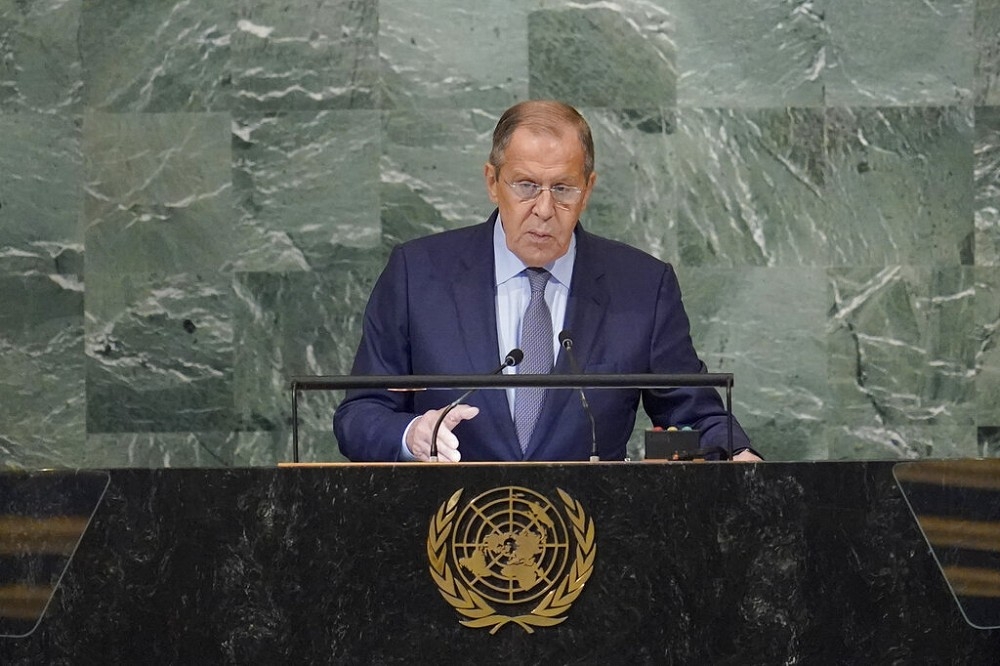 俄國外長拉夫羅夫在紐約聯合國大會演說。（美聯社）
