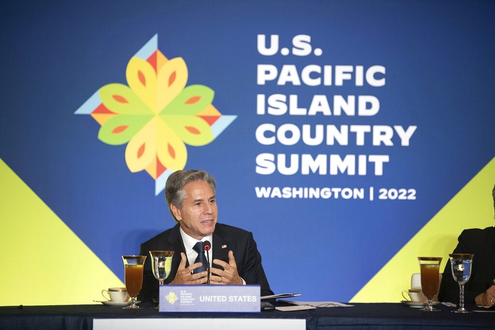 美国国务卿布林肯在太平洋岛国峰会午餐会上致词。（美联社）(photo:UpMedia)