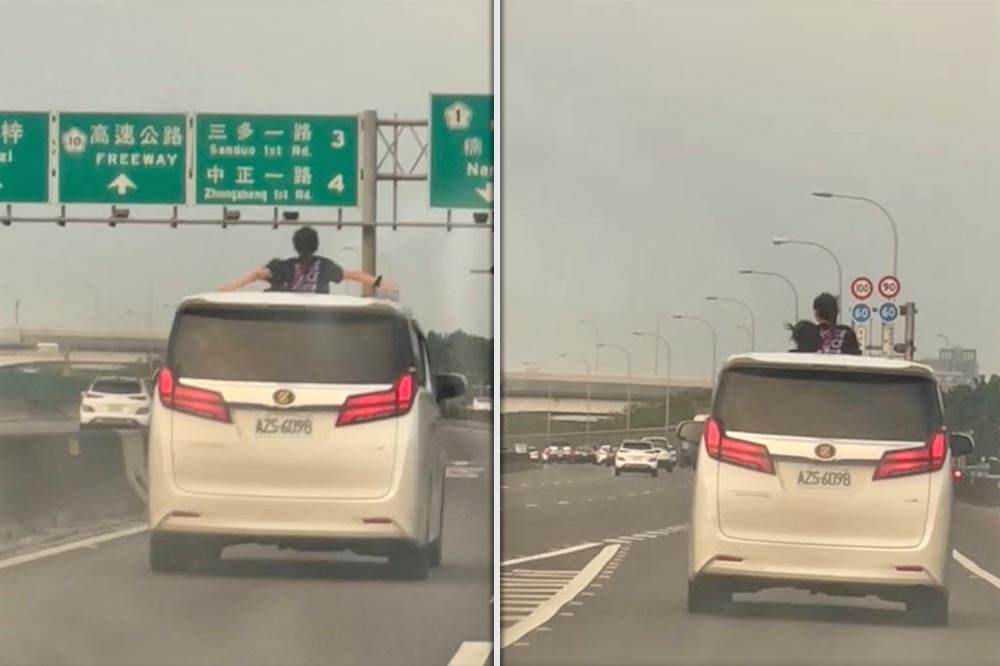有網友在高速公路發現一輛廂型車天頂打開，2名兒童將頭探出車頂玩耍兜風。（取自爆料公社臉書）