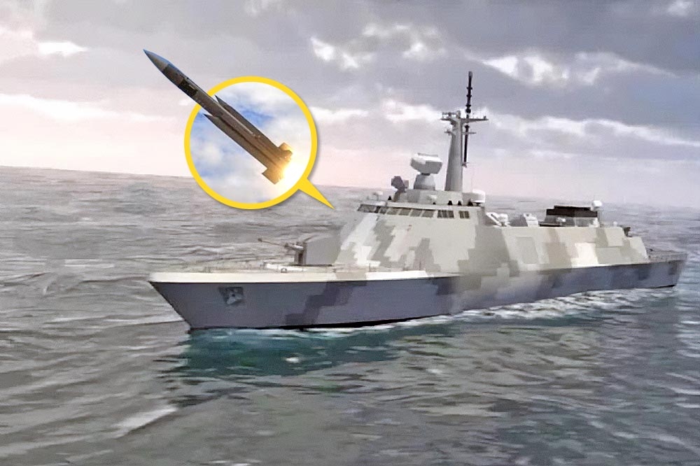 國防部12日向立院提出「海軍新一代輕型巡防艦專案報告」，規劃裝備上配置海劍二中程防空飛彈、雄三增程型超音速反艦飛彈（圖）等武器。（合成畫面／取自中科院YouTube頻道、國防部提供）