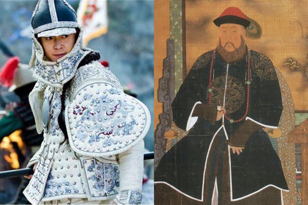 中國男星耿樂在中國電視劇《大玉兒傳奇》中飾演多爾袞，右為多爾袞肖像（圖片取自網路）