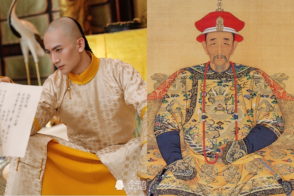 中國男星張天陽在2020版《鹿鼎記》飾演康熙，右為大清皇帝康熙肖像（圖片取自網路）