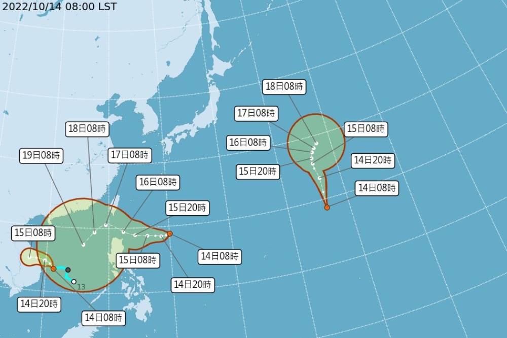 中央氣象局今天發布在太平洋上有3個熱帶性低壓，桑卡颱風最快今天形成。（氣象局提供）