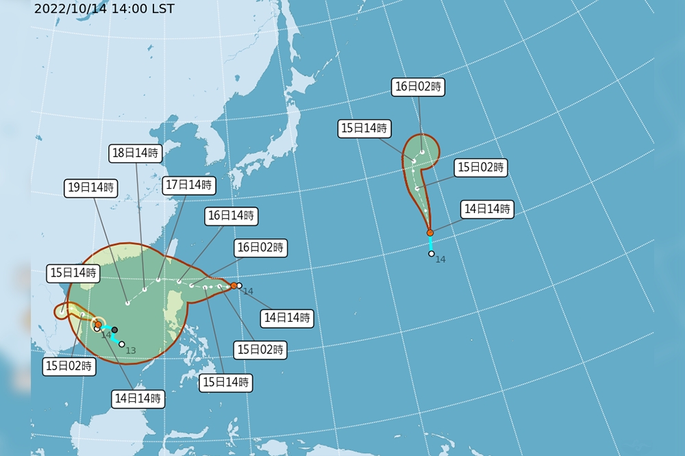 氣象局公布「桑卡」颱風路徑圖，恐將在周末帶來豪大雨。（中央氣象局提供）