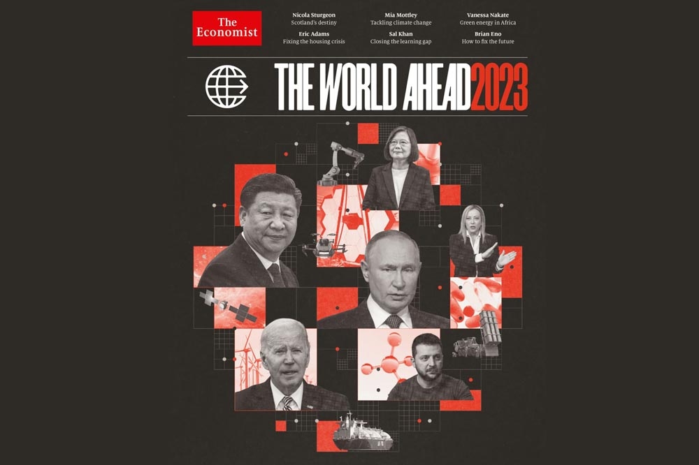 英國「經濟學人」周刊已2023世界趨勢為題，總統蔡英文躍上封面。（取自周刊推特）