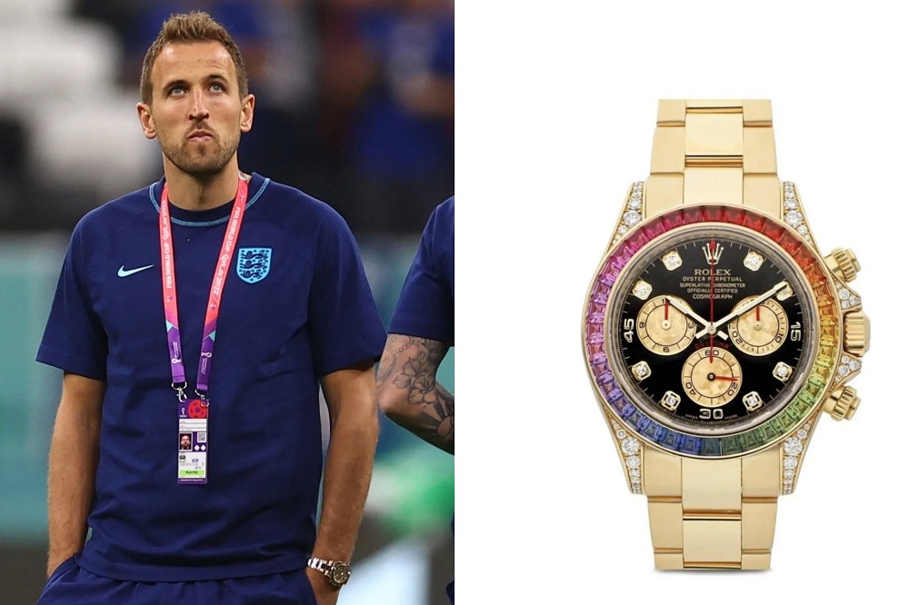 未佩戴One Love隊長臂章的英格蘭隊長凱恩，在與美國賽前戴了一只價值53萬英鎊的「勞力士彩虹手錶」。（取自微博）