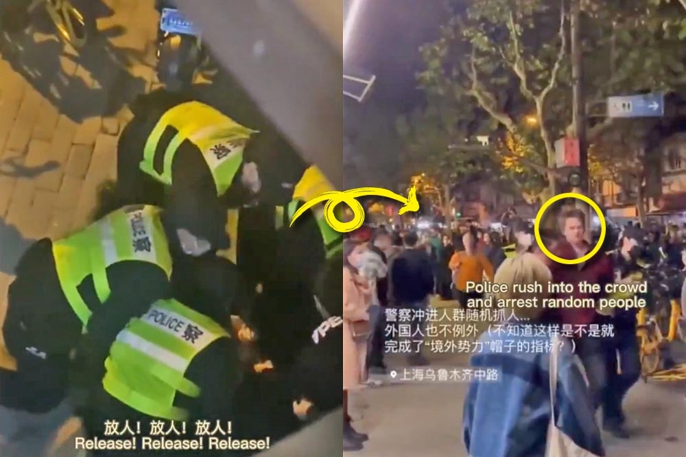 上海警方毆打、逮捕BBC記者勞倫（黃圈處），施暴影片在網路流傳。。（合成畫面／取自推特）